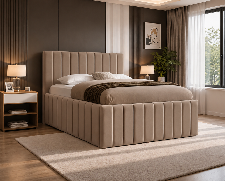 Miami Polsterbett mit Bettkasten – Samt Taupe