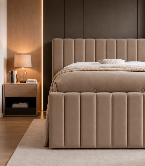 Miami Polsterbett mit Bettkasten – Samt Taupe