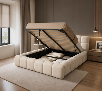 Bubble Bett in Teddystoff Beige mit geöffnetem Bettkasten