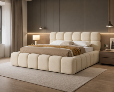 Bubble Polsterbett mit Bettkasten in Teddystoff Beige im Schlafzimmer