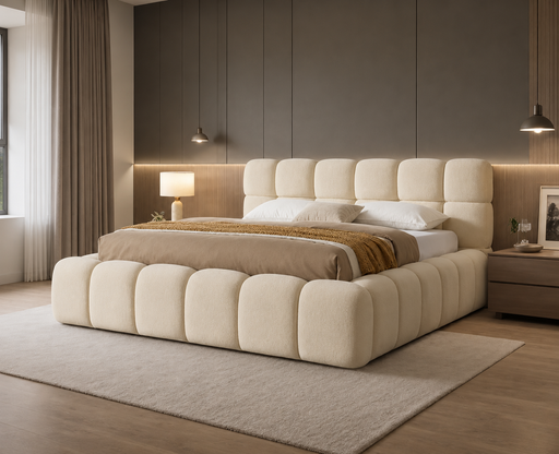 Bubble Polsterbett mit Bettkasten in Teddystoff Beige im Schlafzimmer