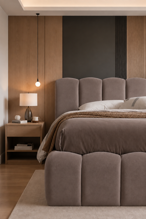 Cloud Bett mit Samtstoff in Taupe