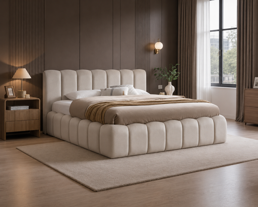 Cloud Polsterbett mit Bettkasten in Samt Beige im Schlafzimmer