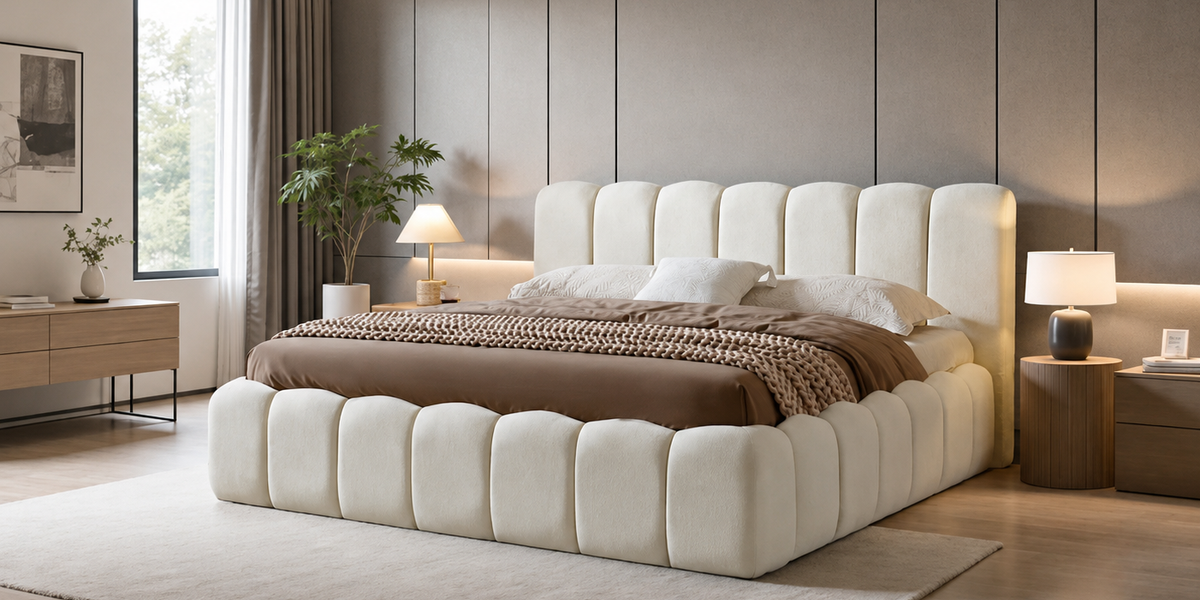 Cloud Polsterbett mit Bettkasten – Teddystoff Beige