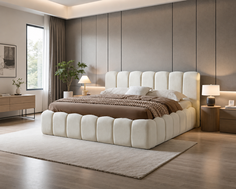 Cloud Polsterbett mit Bettkasten in Teddystoff Beige im Schlafzimmer