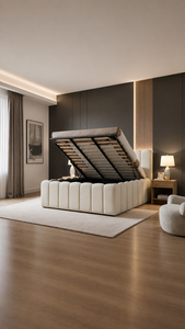 Cloudy Bett in Teddystoff Beige mit geöffnetem Bettkasten