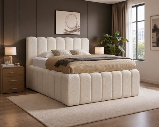 Cloudy Polsterbett mit Bettkasten in Bouclé Creme im Schlafzimmer