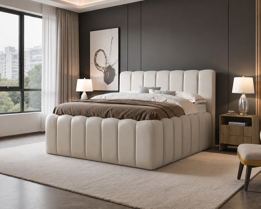 Cloudy Polsterbett mit Bettkasten in Samt Beige im Schlafzimmer