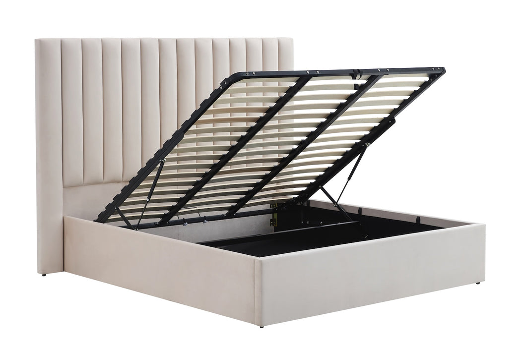 Marbella Bett mit geöffnetem Bettkasten in beige Diagonalansicht
