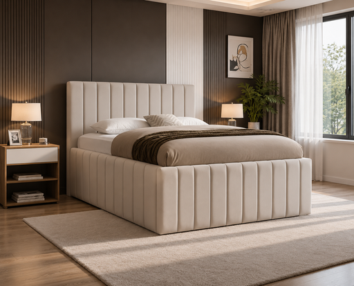 Miami Polsterbett mit Bettkasten in Samtstoff Beige im Schlafzimmer