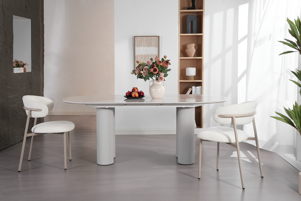 2er Set Natascha Stuhl, Chenille Stoff, Elfenbein Farbe, Füße beige