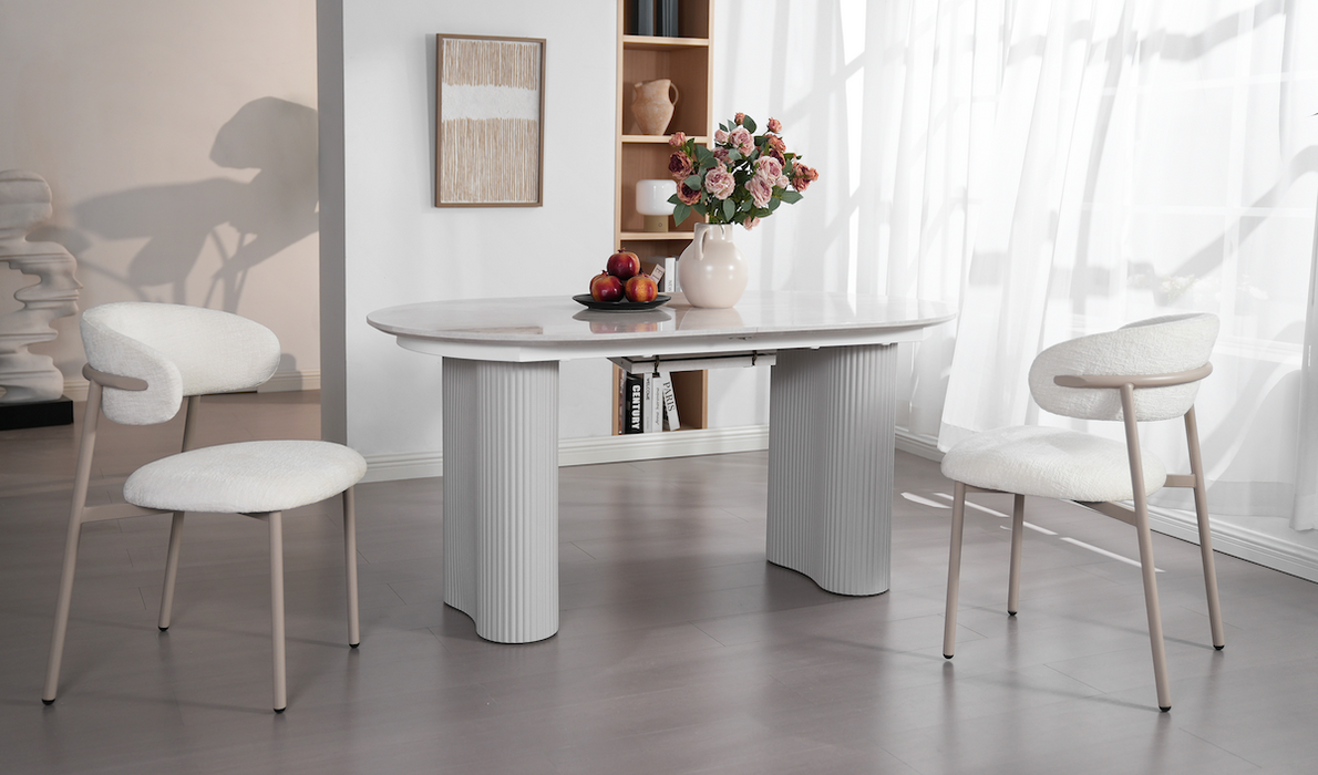 2er Set Natascha Stuhl, Chenille Stoff, Elfenbein Farbe, Füße beige