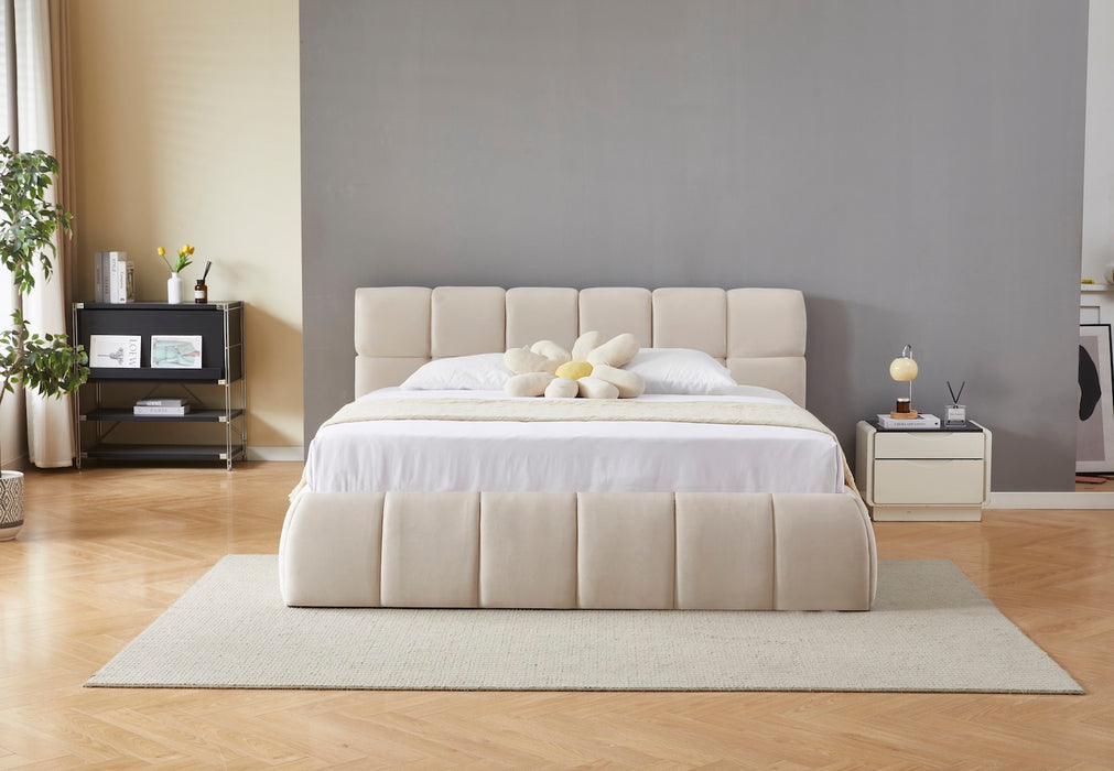 Venedig Bett mit Bettkasten in beige mittig im Schlafzimmer platziert