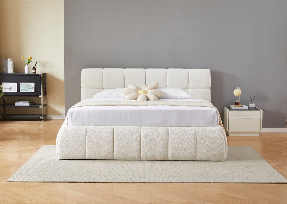 Venedig Bett mit Bettkasten in Teddystoff mittig im Schlafzimmer platziert